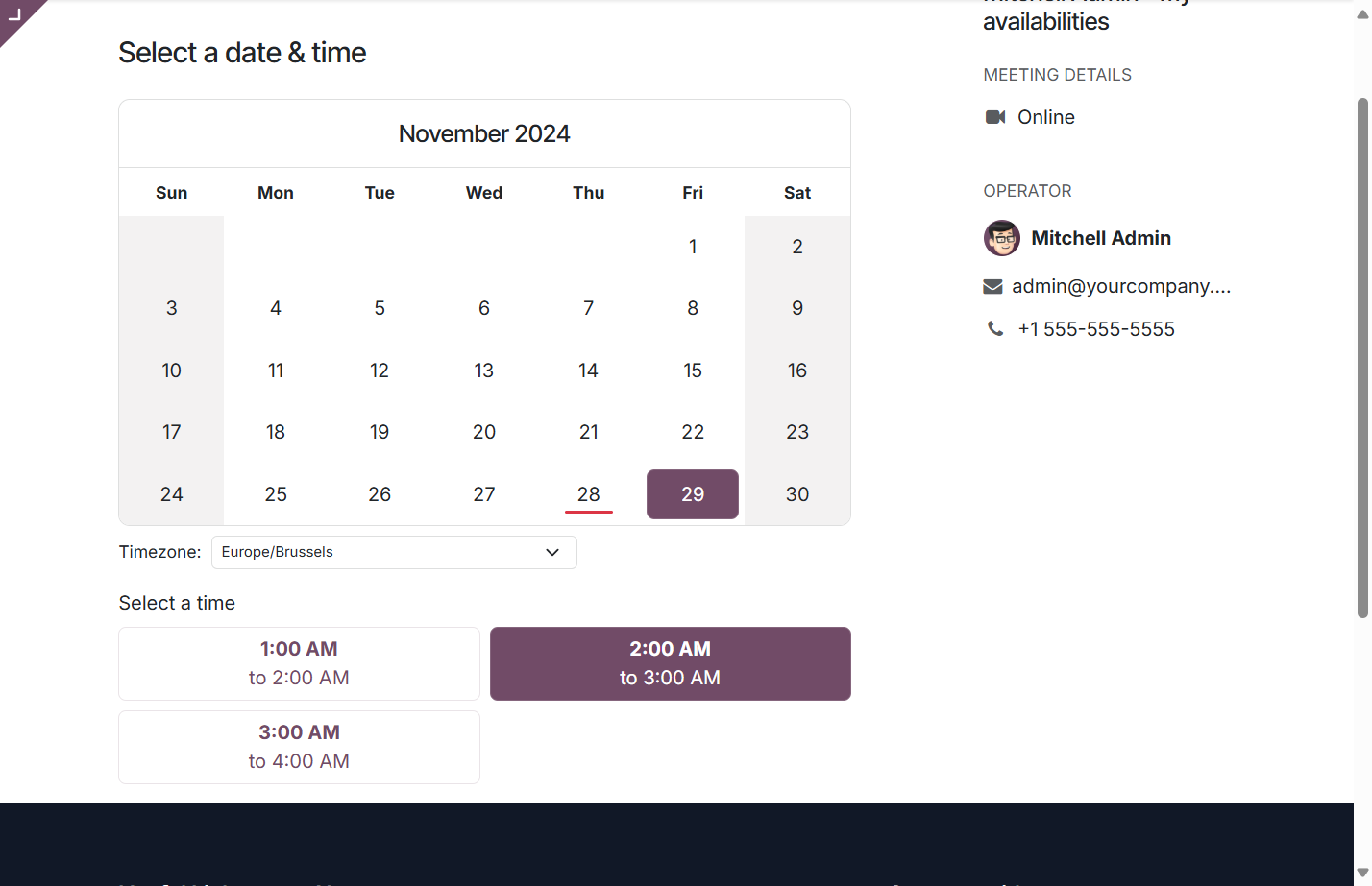 Your client will receive a link in email. By clicking the link, they get to view calendar and select any slot that was set by you in previous step
