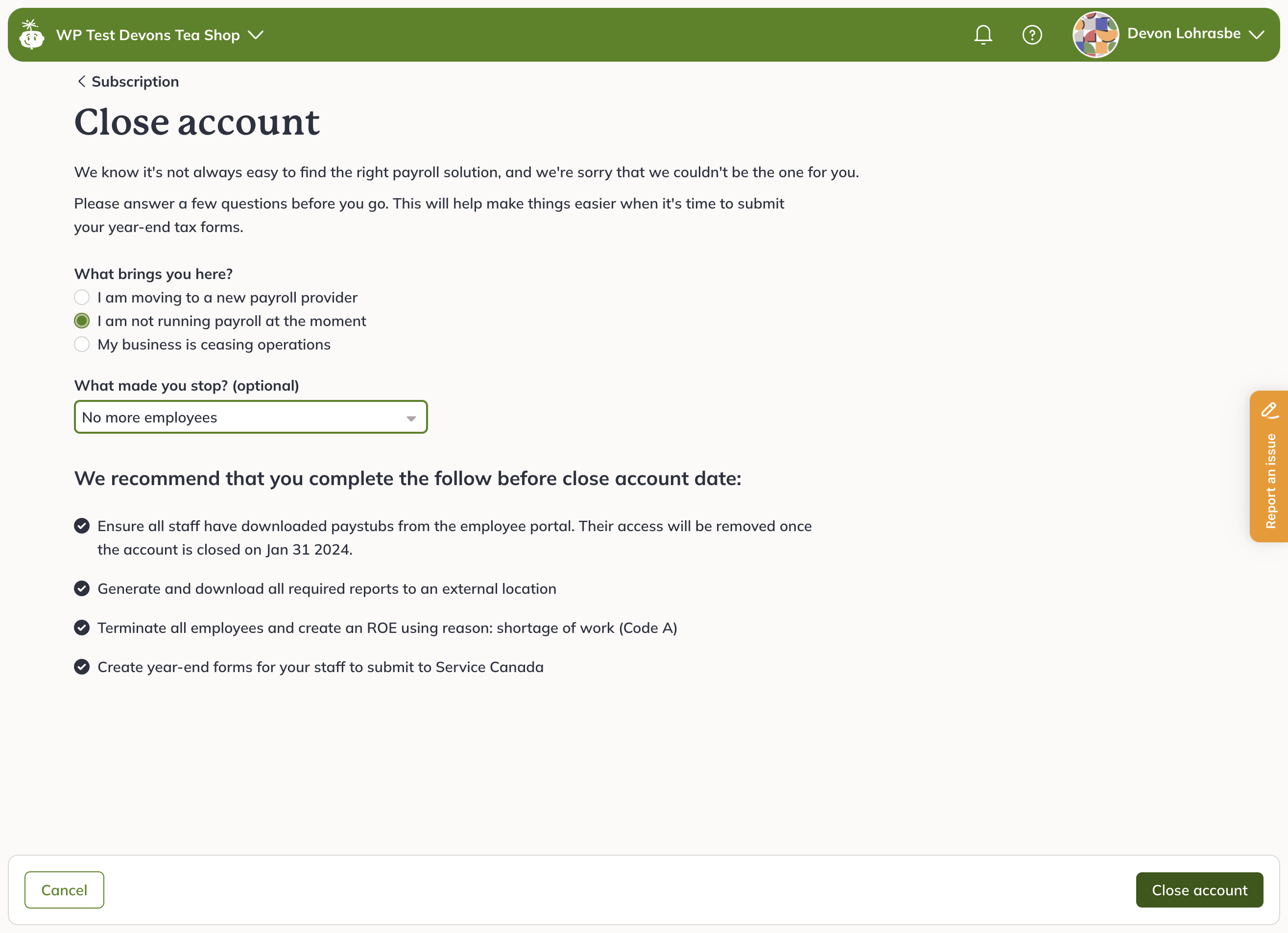 Close account or undo close account request – Wagepoint 2.0 Knowledge Base
