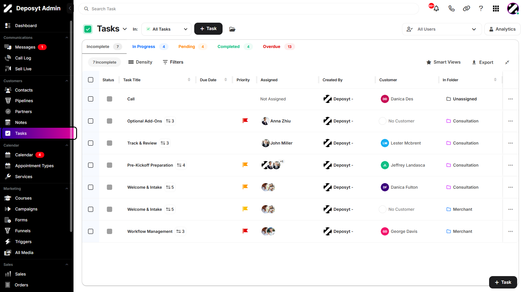 Step 1: On your Dashboard, navigate to the Tasks tab under the Customers section.