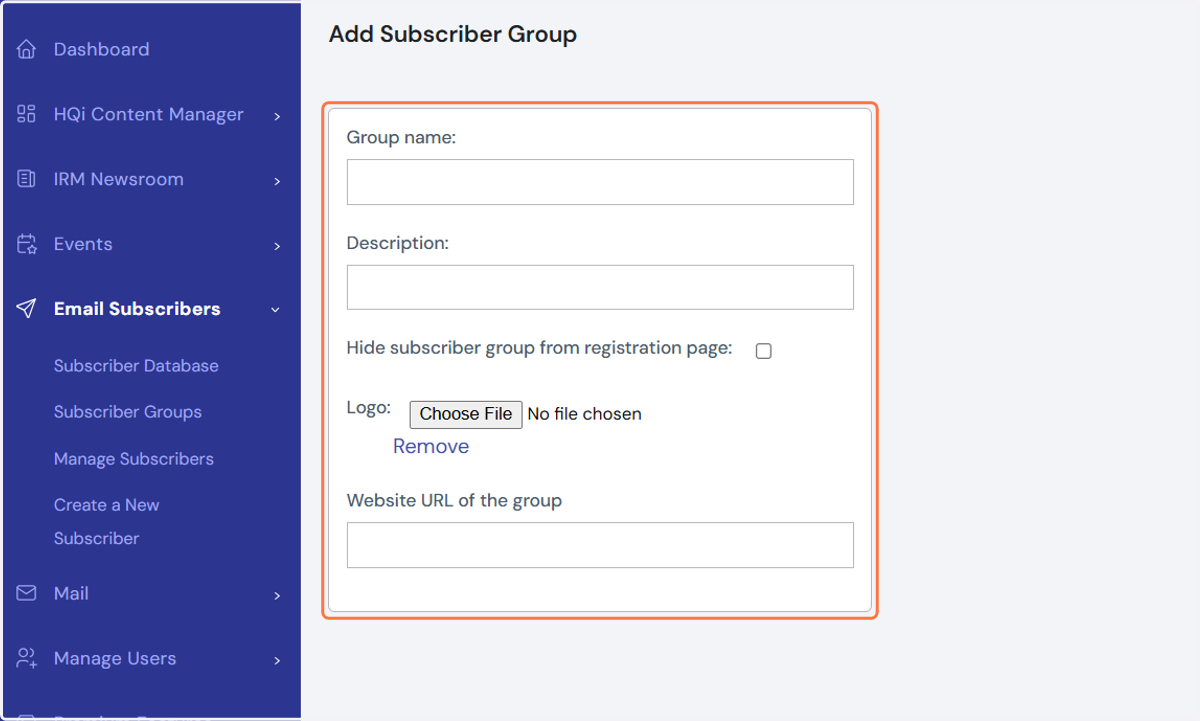 Then name your Subscriber Group and give it a description for internal reference. Please note that this description will not be shown anywhere on your site. Click the "Save" button after you have entered a Group Name and Description in the appropriat