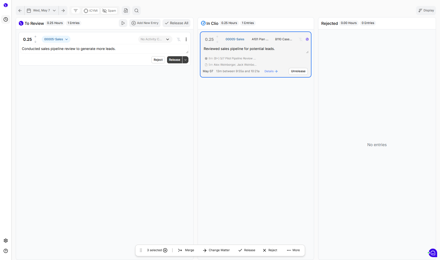 Another way to merge into an existing Clio entry is by clicking on the down arrow next to "Release"