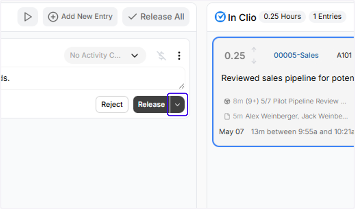 Another way to merge into an existing Clio entry is by clicking on the down arrow next to "Release"