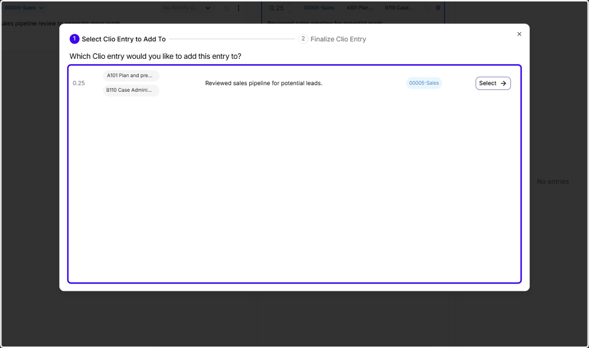 You can choose the Clio entry that you would like to add this entry to