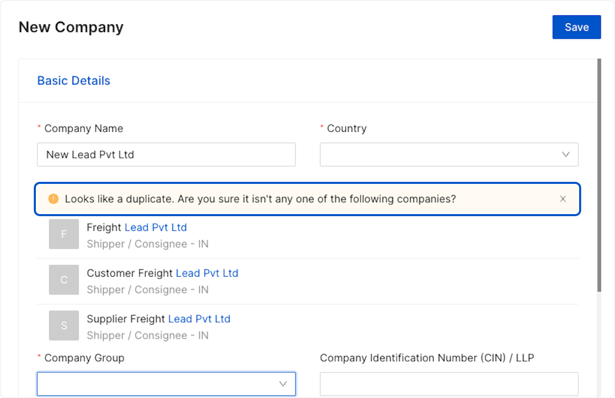Incase you have multiple team members working on logging leads, the duplicate validation will ensure a team member is alerted if someone has already entered that lead before, therefore preventing duplicate data entry. 