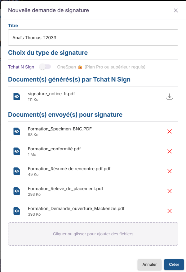 Faites glisser ou cliquez sur l'encadrer pour téléverser les documents que vous souhaitez inclure dans votre demande