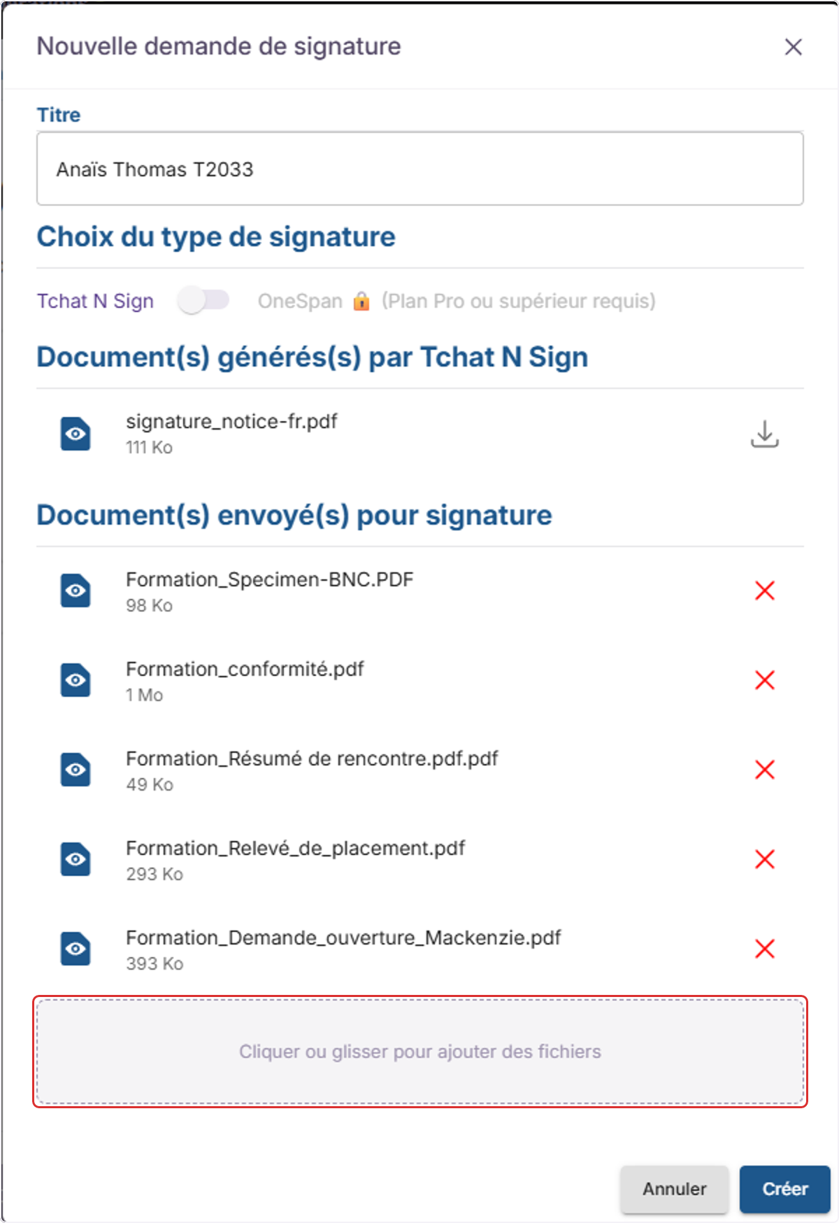 Faites glisser ou cliquez sur l'encadrer pour téléverser les documents que vous souhaitez inclure dans votre demande