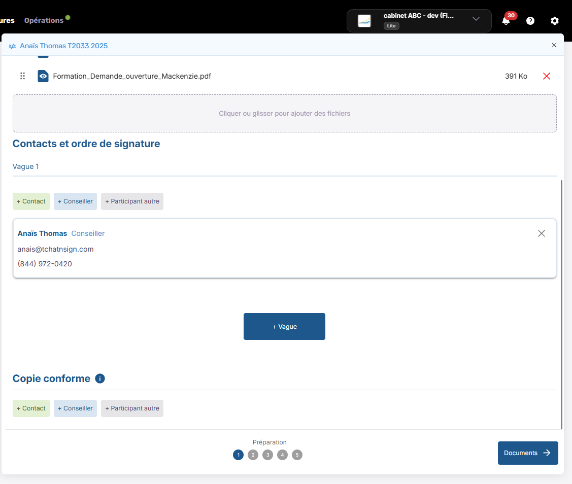 Optionnel : Cliquez sur + Vague pour ajouter une deuxième vague de signature.
