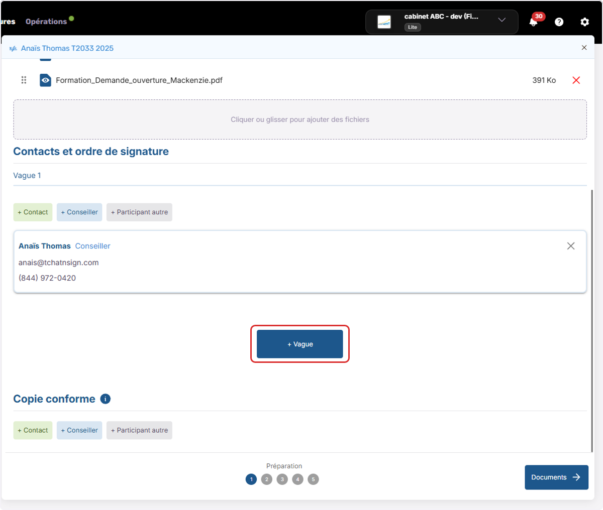Optionnel : Cliquez sur + Vague pour ajouter une deuxième vague de signature.