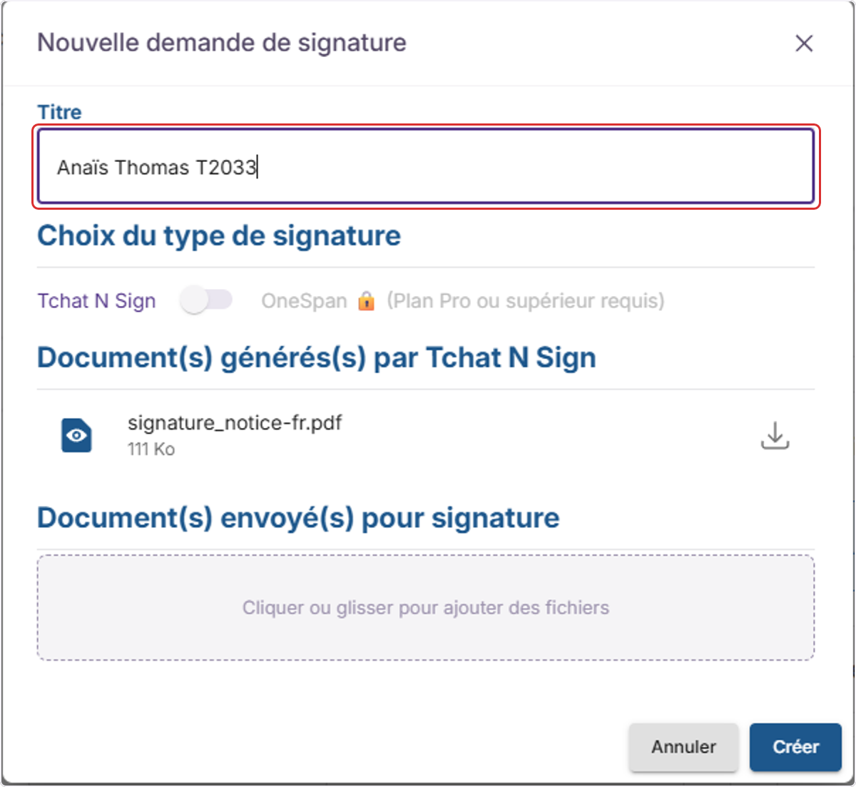 Entrez le titre de votre nouvelle demande de signature.