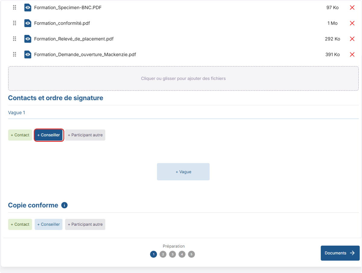 Cliquez sur + Conseiller pour ajouter le conseiller financier comme premier signataire.