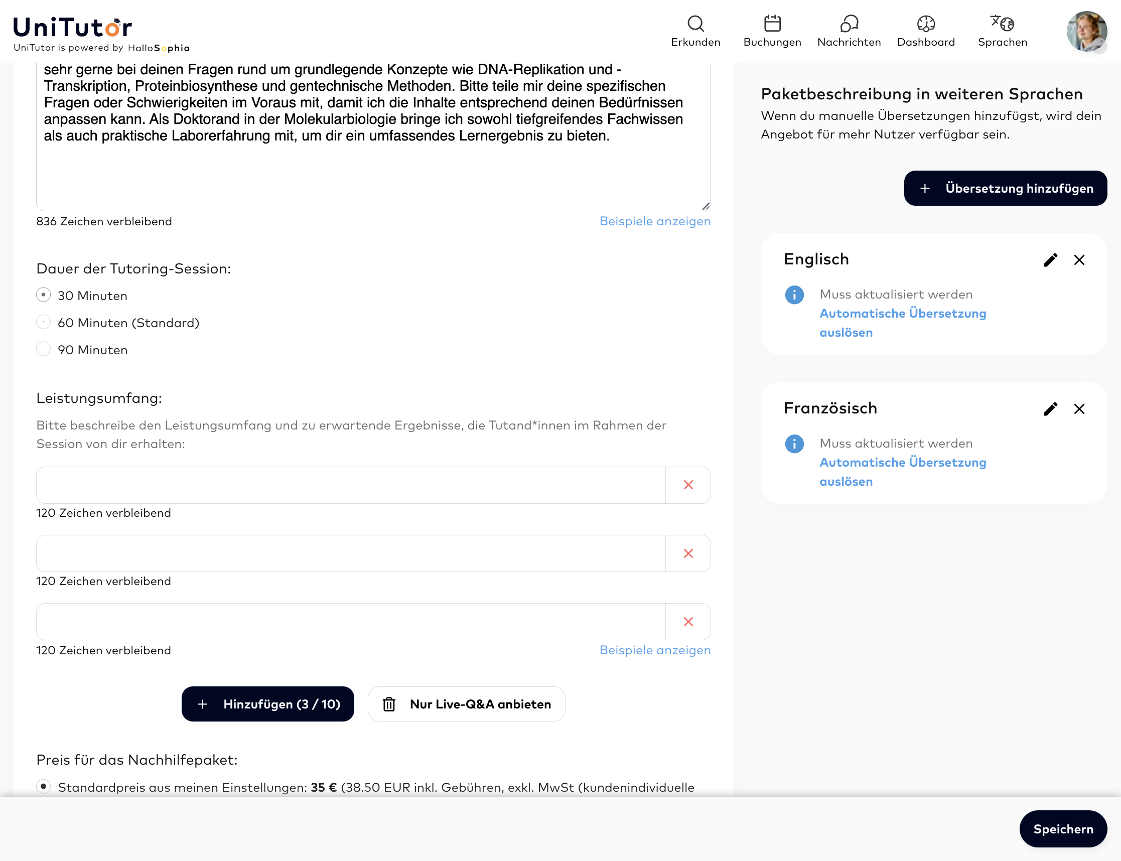 DAUER DER SESSION: Hier kannst du die Dauer der Tutoring-Session einstellen.