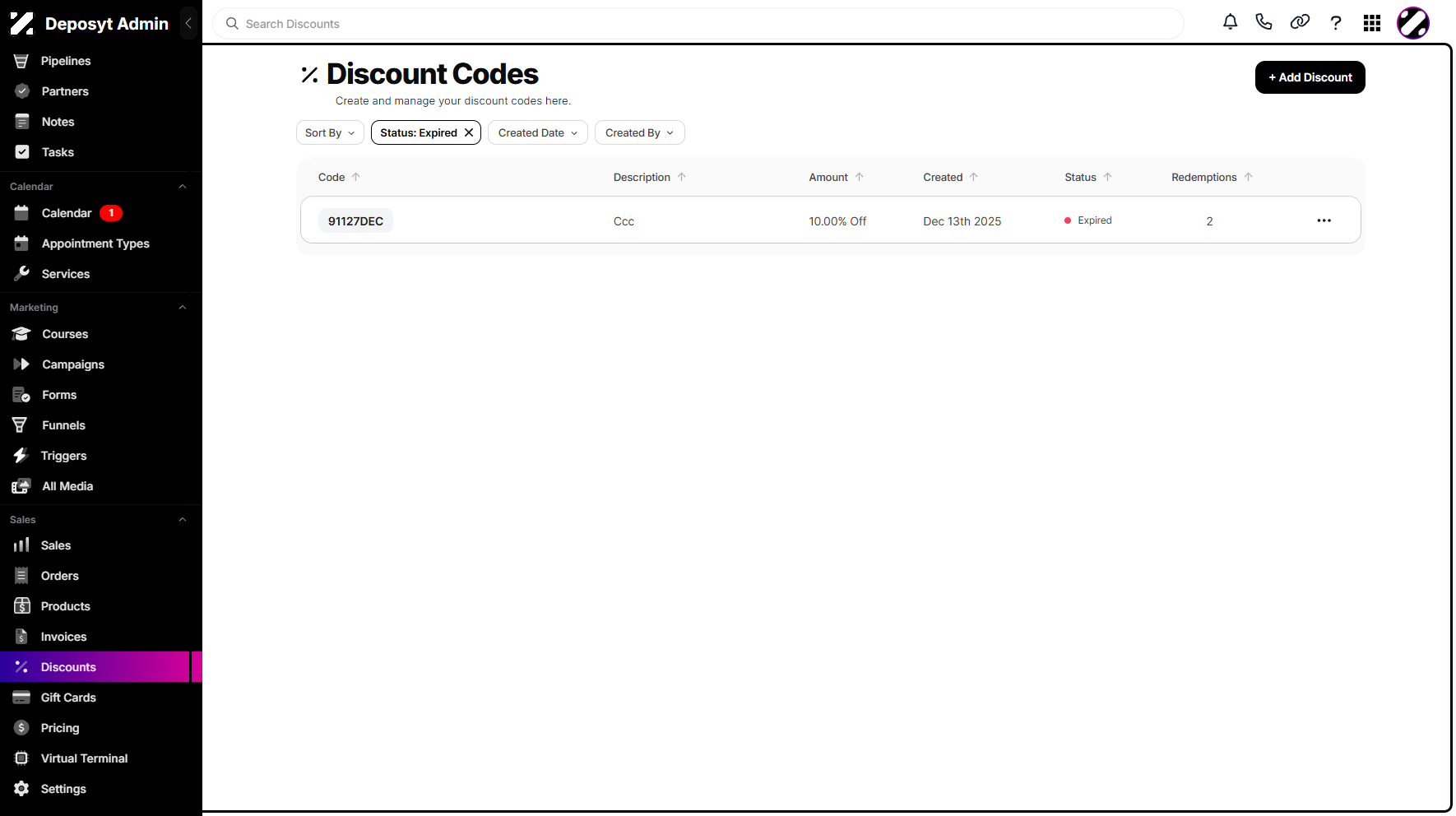 Step 6: You can now view the discounts filtered by Status.