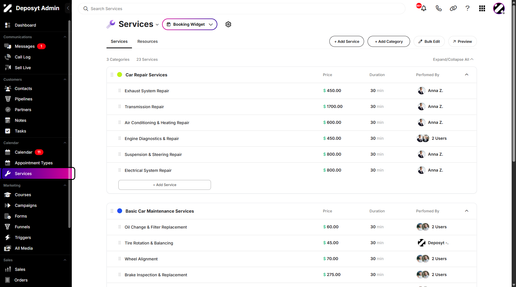 Step 1: On your Dashboard, navigate to the Services tab under the Calendar section.