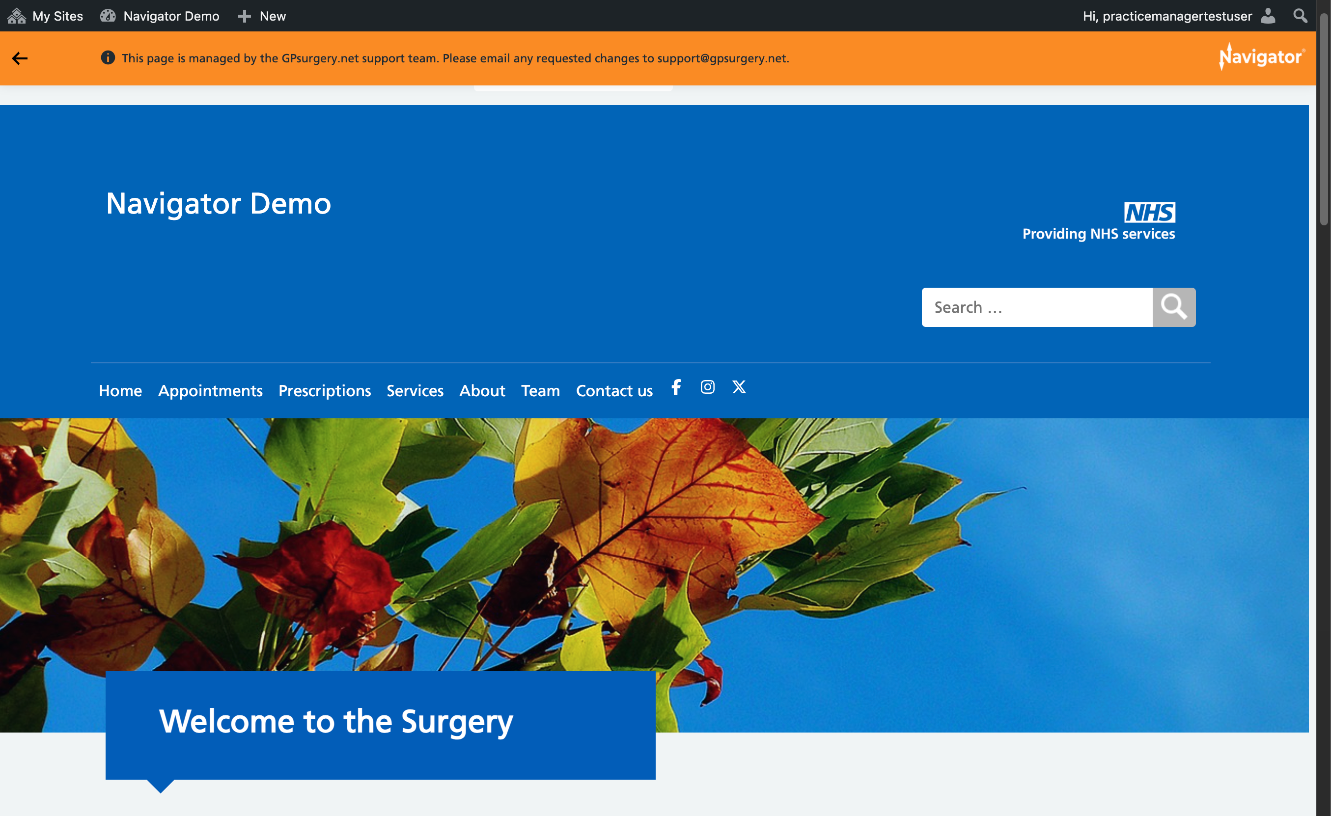 The homepage of a Navigator website with the admin toolbar and Navigator toolbar visible at the top of the screen