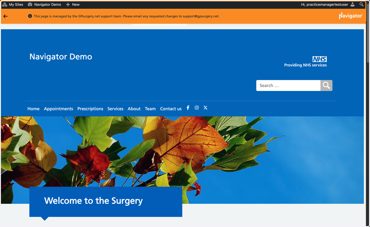 The homepage of a Navigator website with the admin toolbar and Navigator toolbar visible at the top of the screen