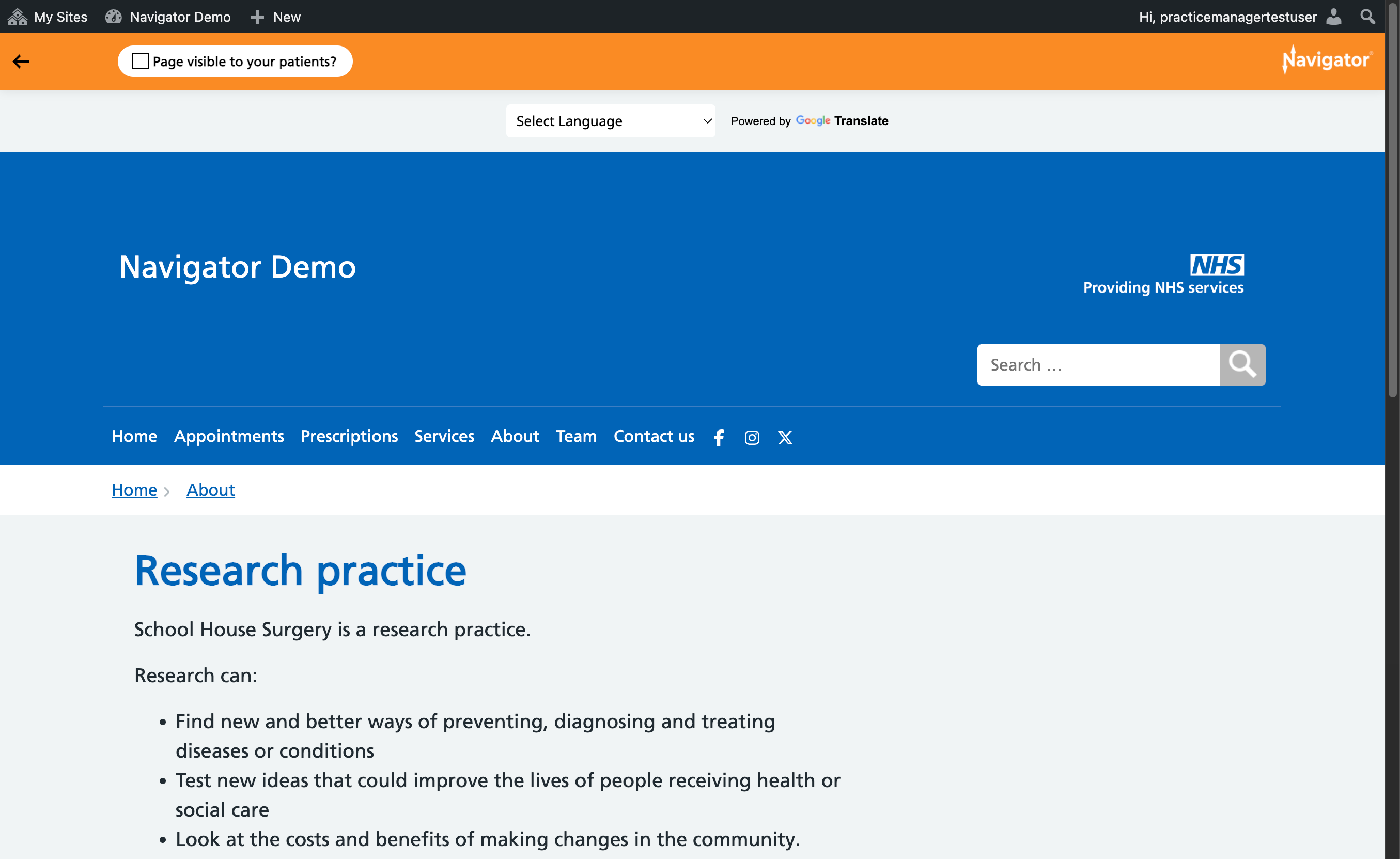The Research practice page.