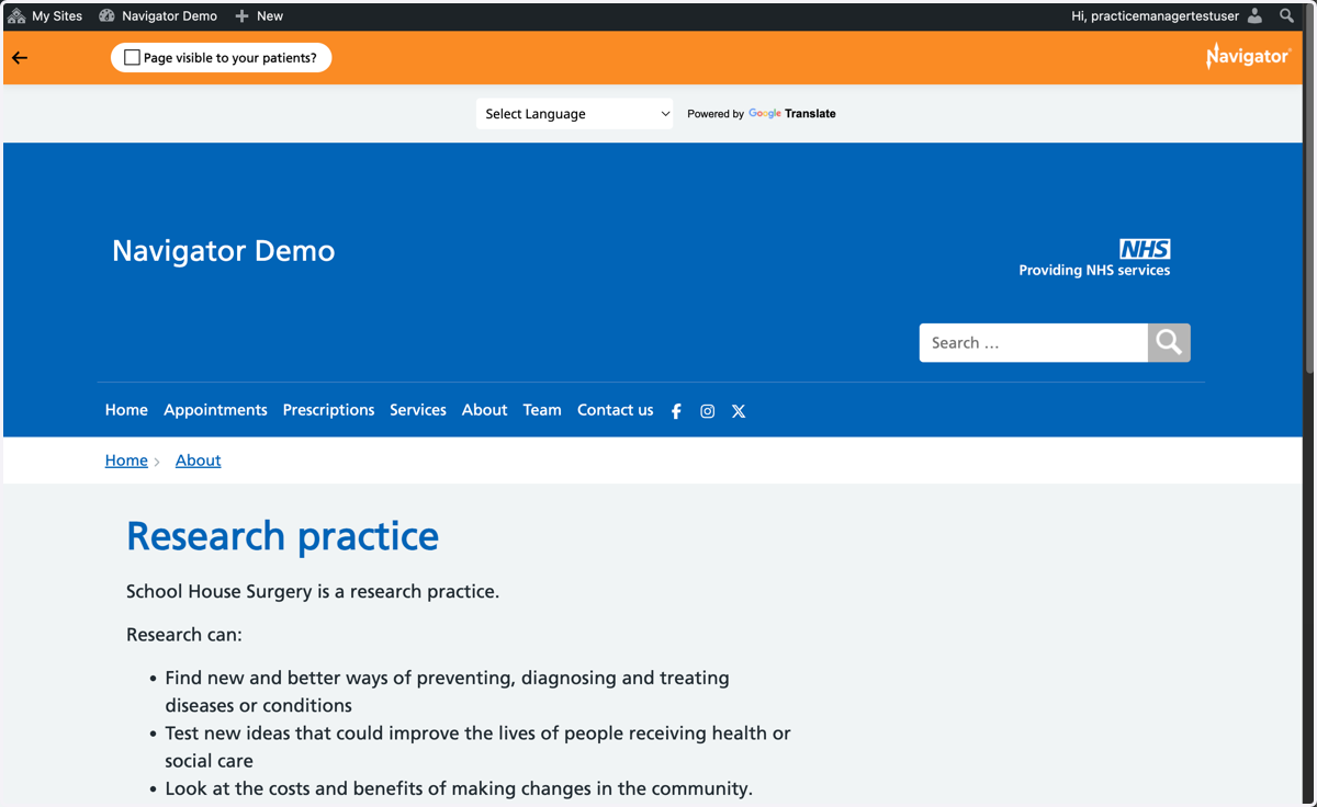 The Research practice page.