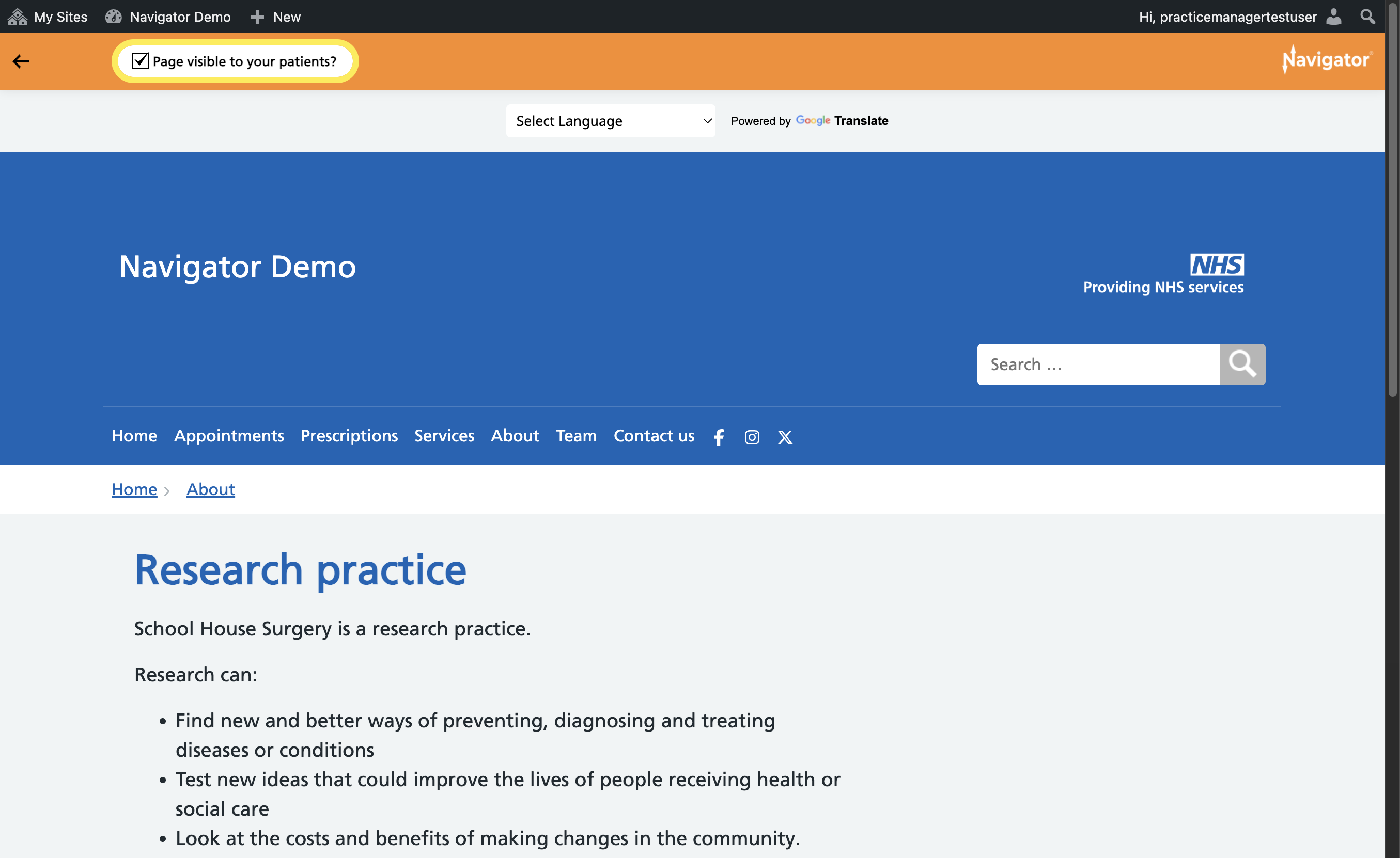 The Page visible to your patients? tickbox with a tick visible.