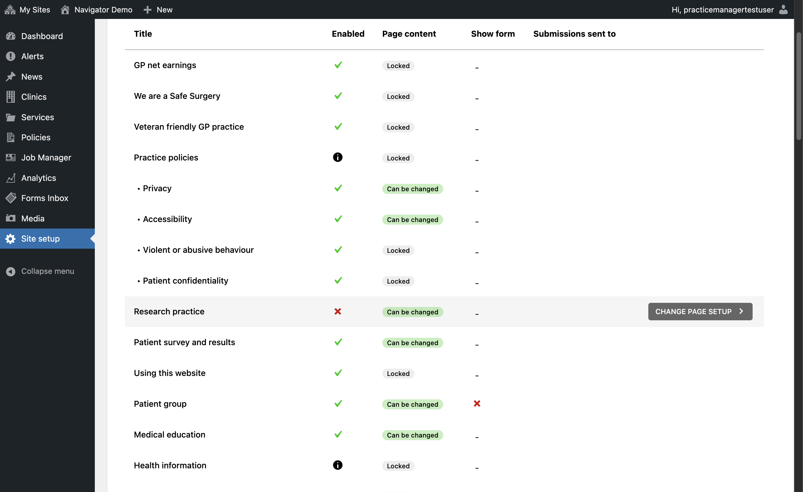The Research Practice page name in Site Setup, with the Change page setup button selected.