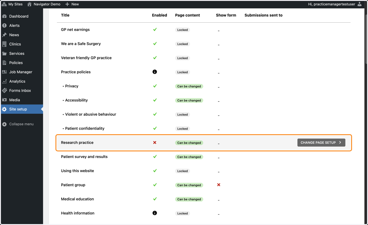 The Research Practice page name in Site Setup, with the Change page setup button selected.