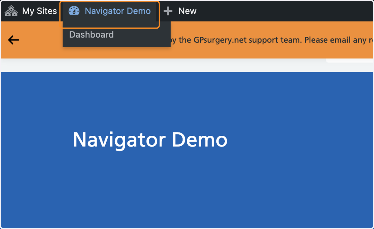 The practice name selected in the Admin Toolbar.