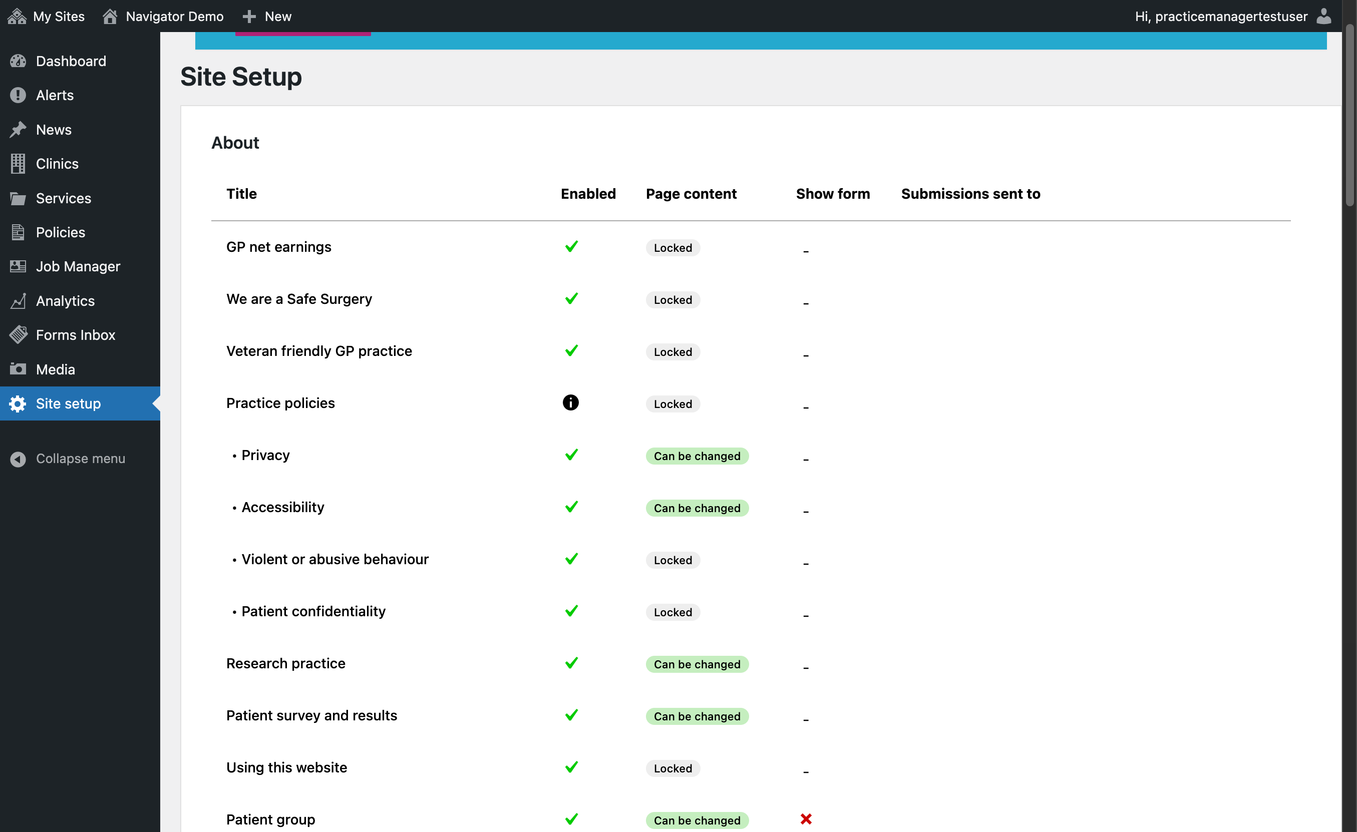Site Setup in the Navigator Dashboard with the Research Practice page set as visible.