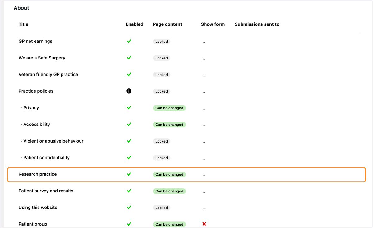 Site Setup in the Navigator Dashboard with the Research Practice page set as visible.