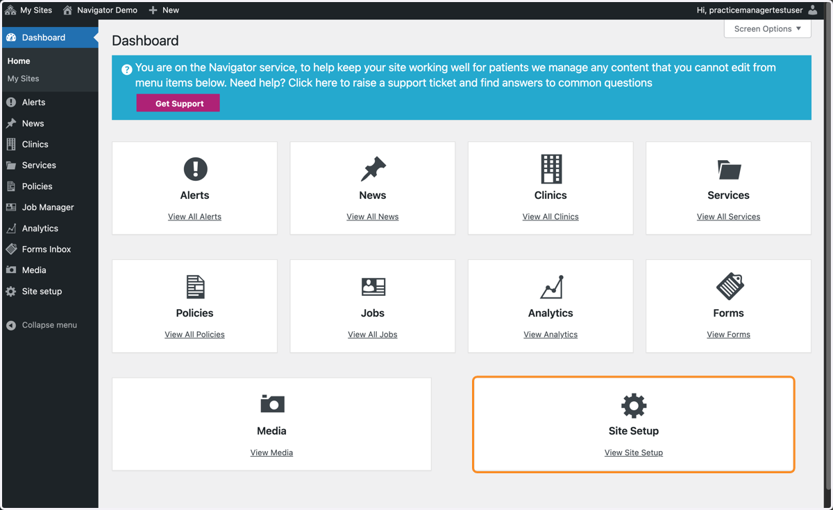 The Dashboard of a Navigator website, with Site Setup selected in the bottom right hand corner of the page.