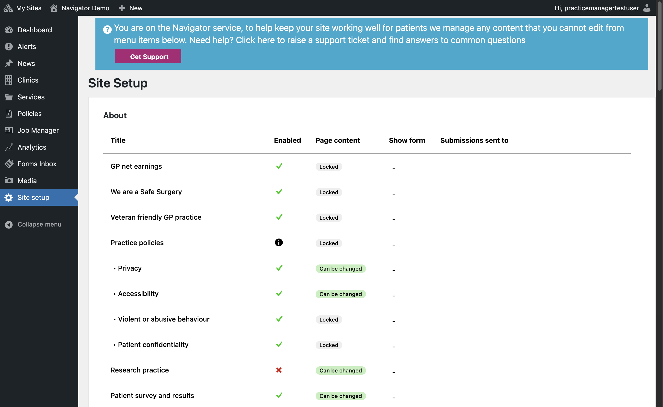 The Site Setup section of the Navigator Dashboard.