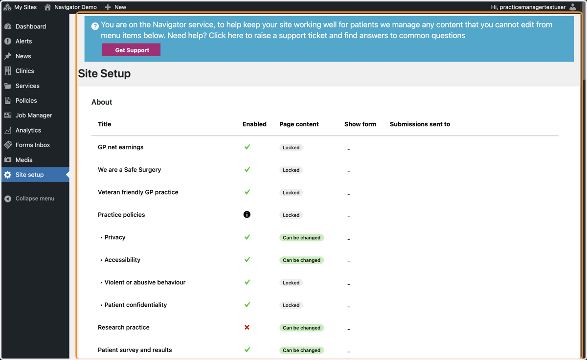 The Site Setup section of the Navigator Dashboard.