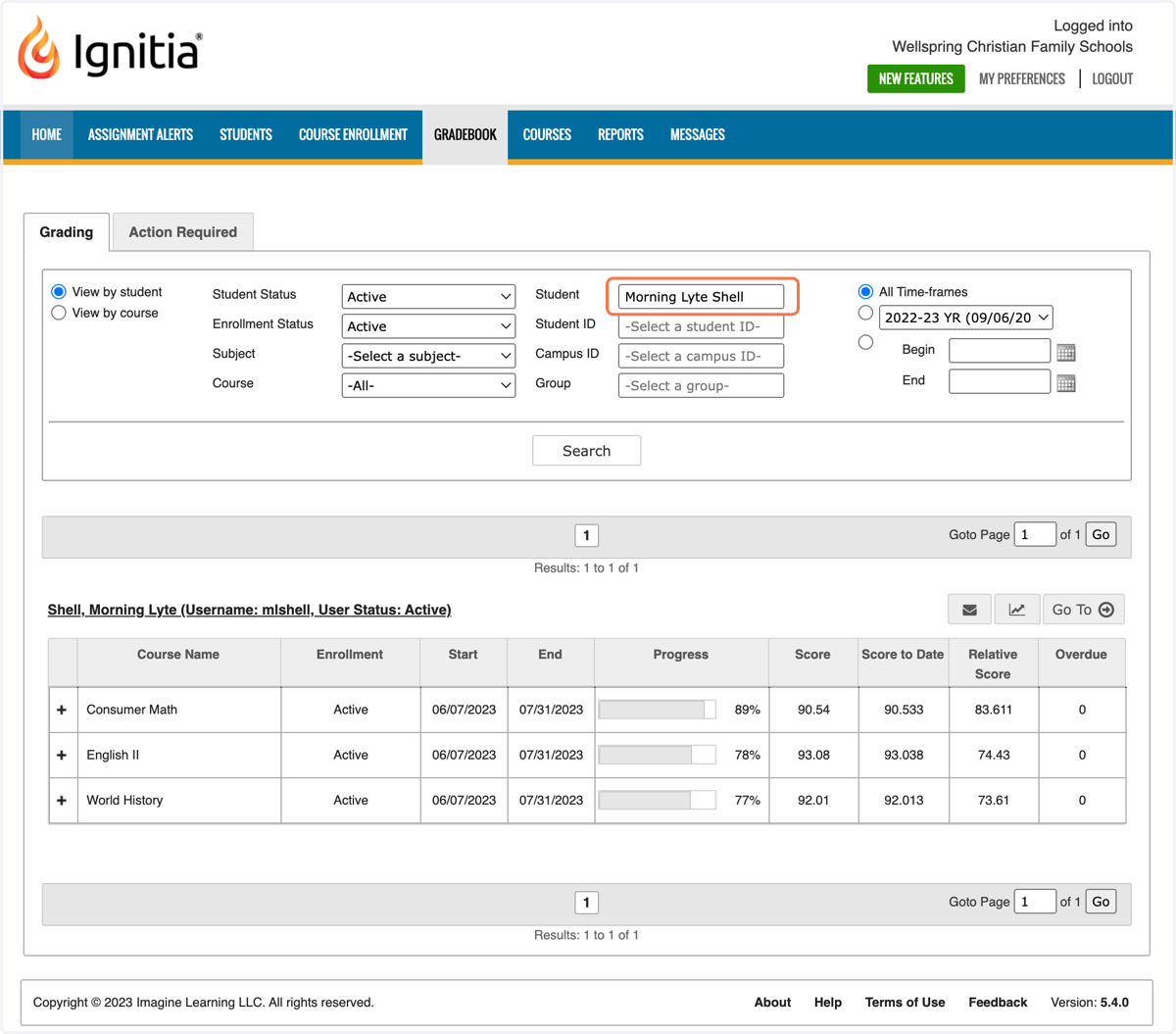 The system will automatically filter for that student and take you directly to their gradebook.