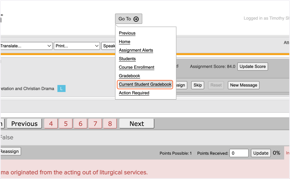 Click on Current Student Gradebook
