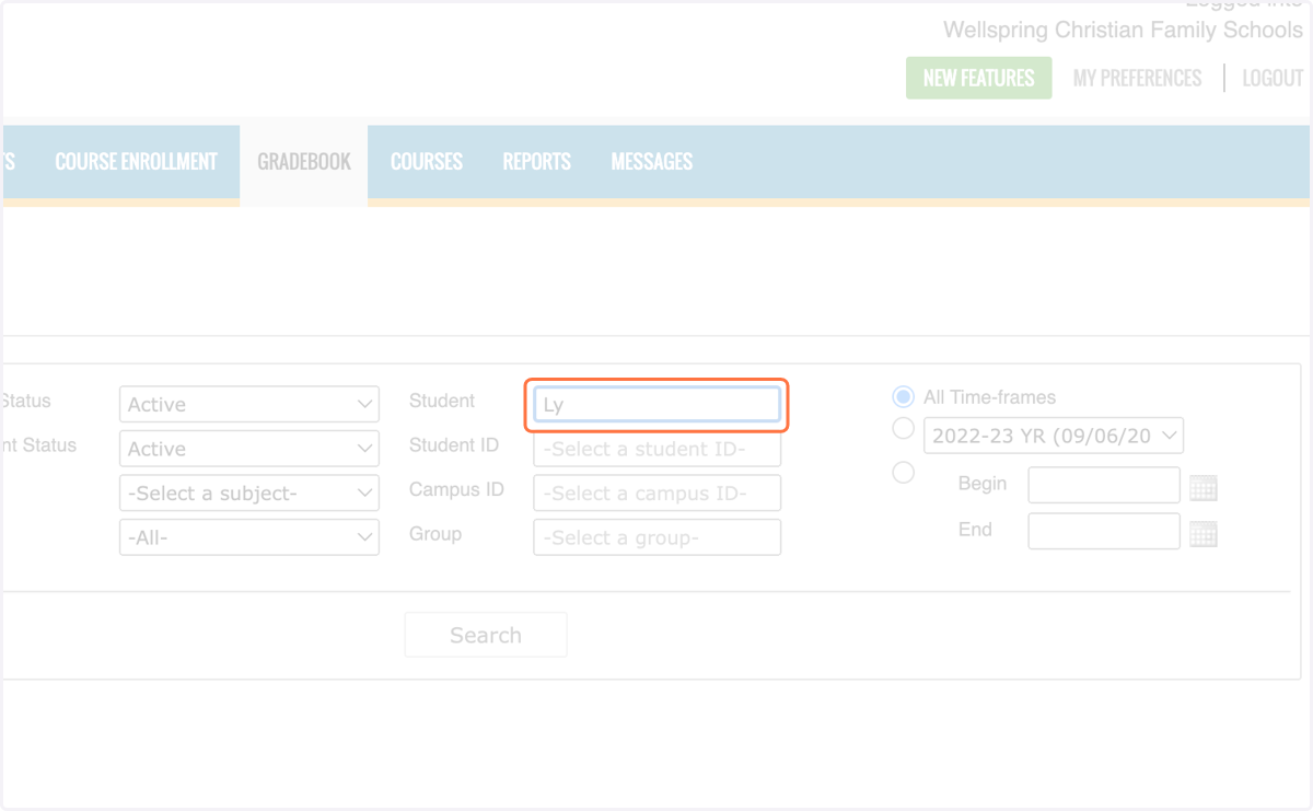 Filter for your student by typing a few letters of their name in the 'Student' field.
