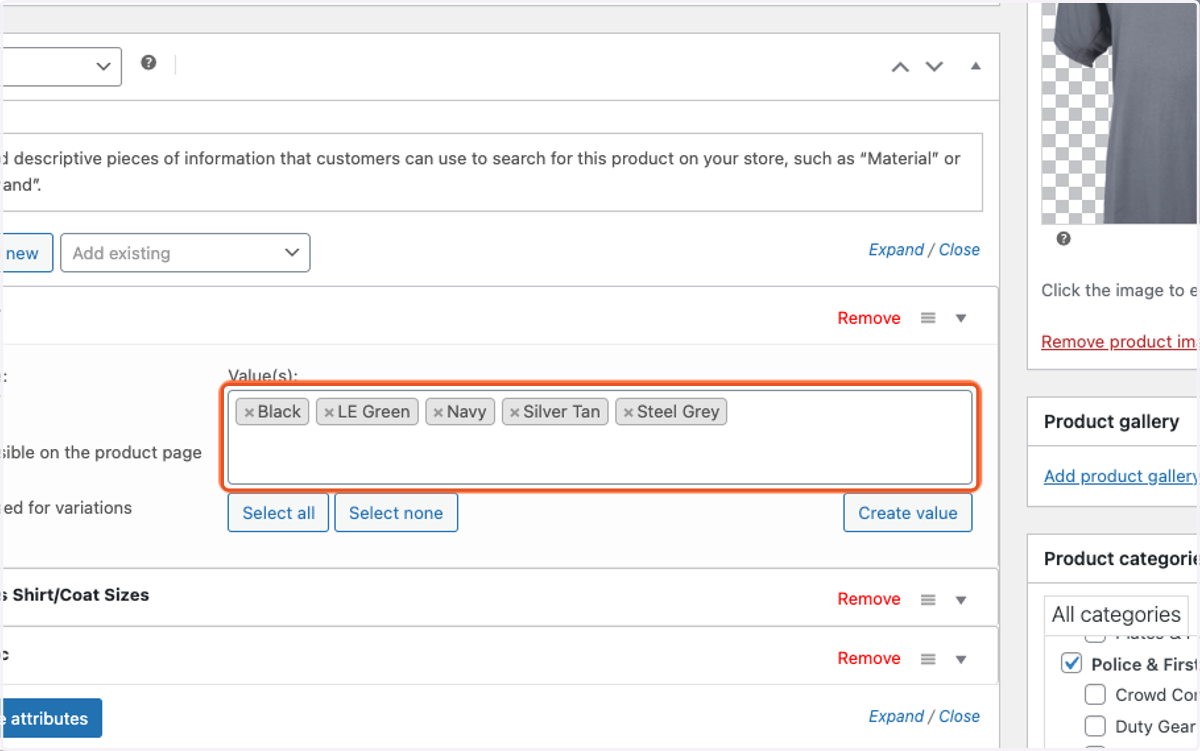 Click inside the Value(s): box and select all the different configurations that apply to the product.