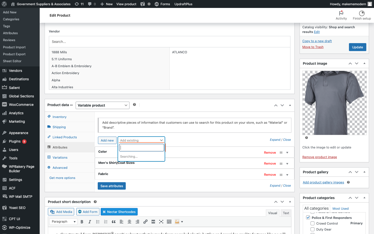 Click on Add existing and select the attribute that you would like to add to the product.