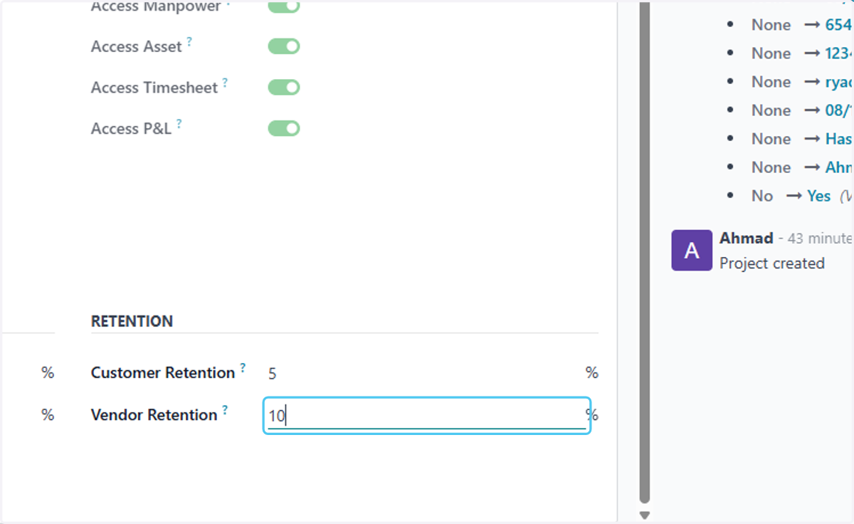 type the vendor retention percent