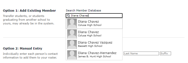 Search by students name or email address. Select student and click "Add Existing Member" button.