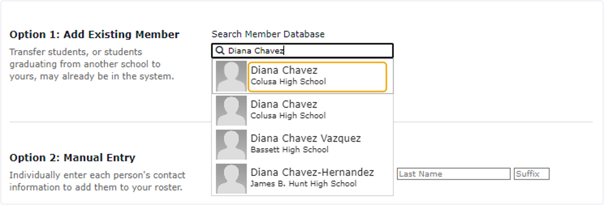 Search by students name or email address. Select student and click "Add Existing Member" button.