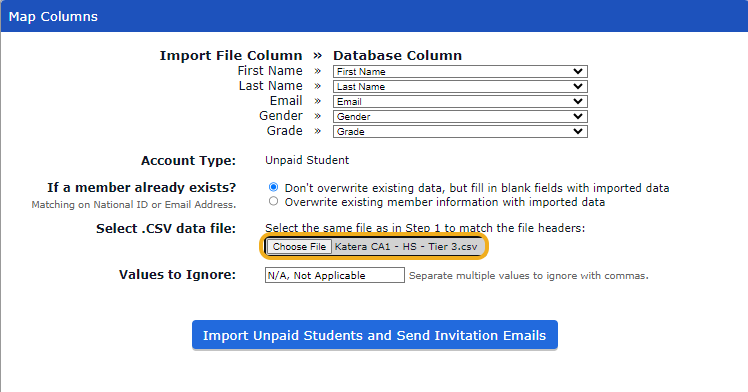 Upload you .CSV template again to reverify your information. and click on "Import Unpaid Student and Send Invitation Emails"
