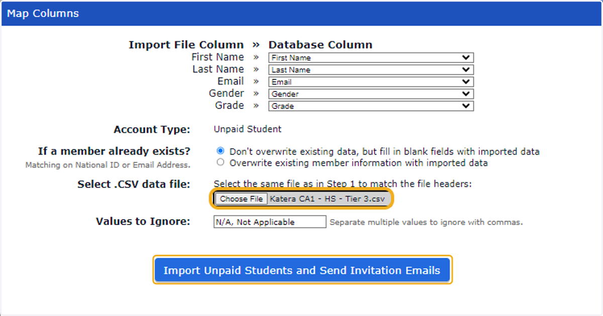 Upload you .CSV template again to reverify your information. and click on "Import Unpaid Student and Send Invitation Emails"