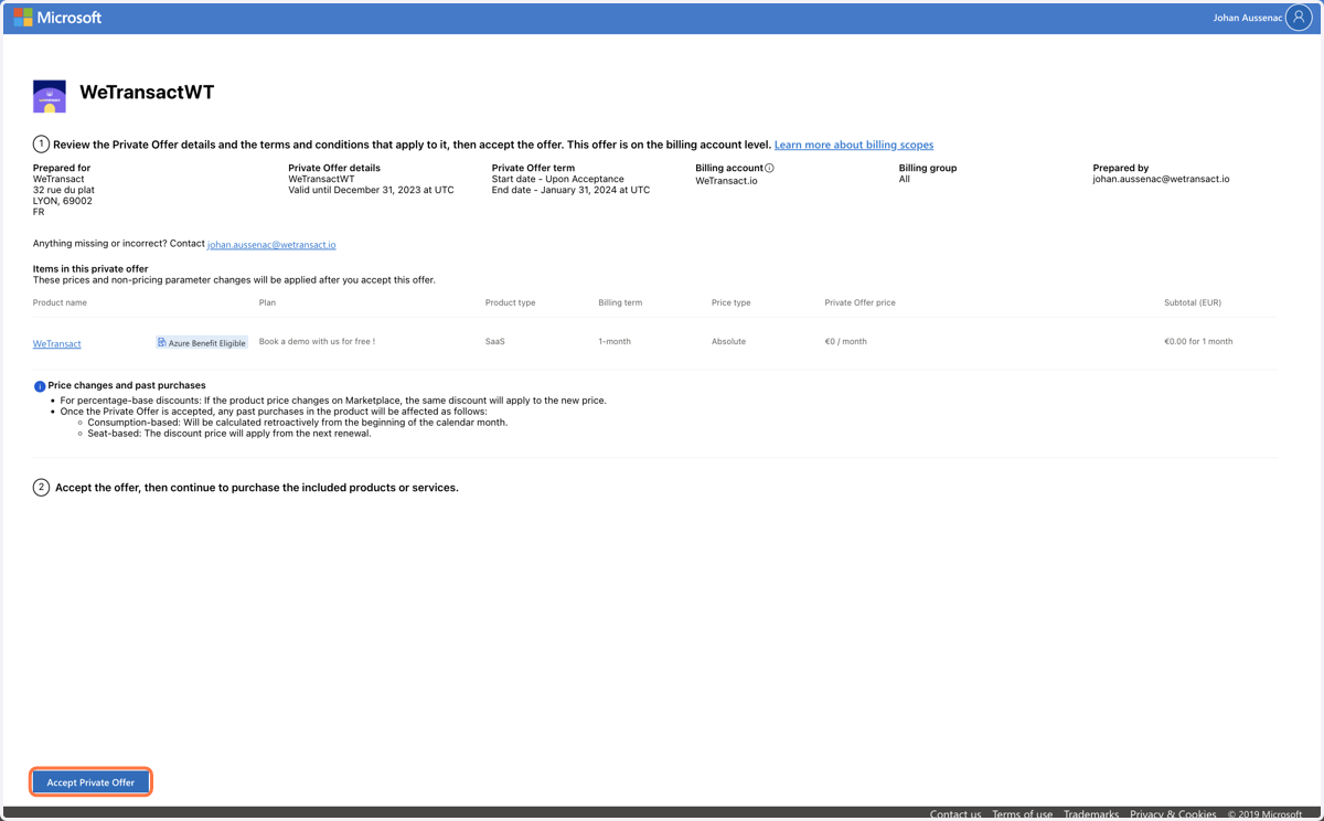 Click on Accept Private Offer