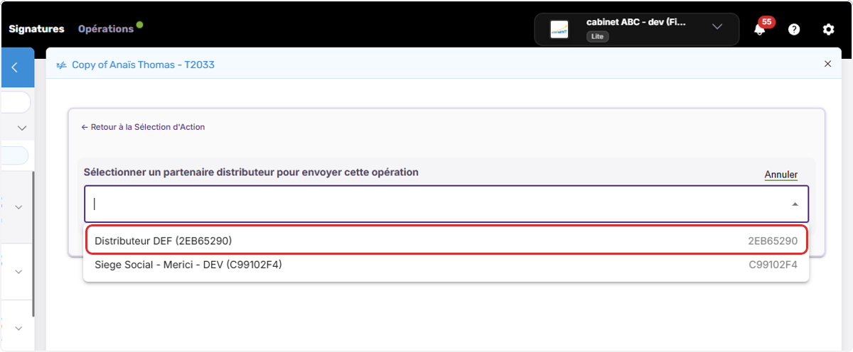 Cliquez sur le Distributeur concerné