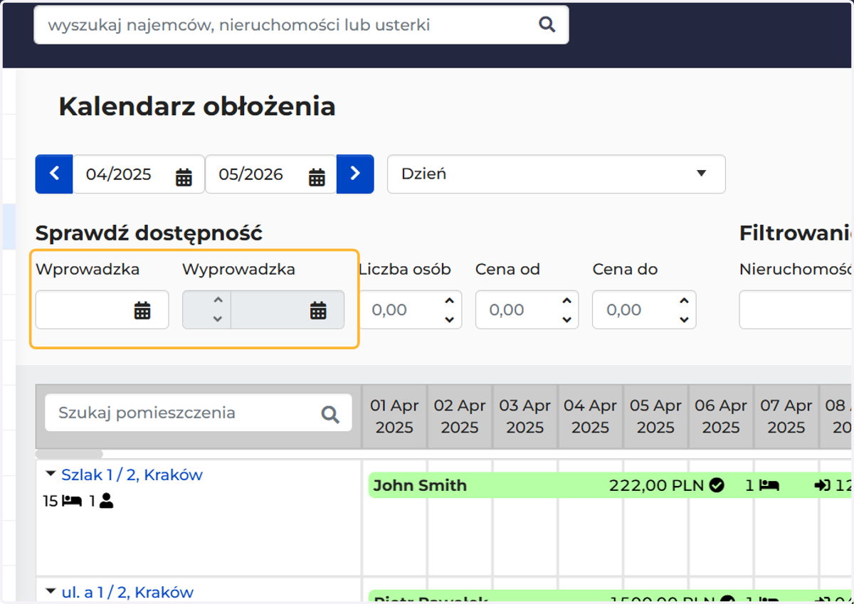 Na postawie filtru "wprowadzka i wyprowadzka" wyszukiwane są zakwaterowania/rezerwacje, których data zaczyna się i kończy w określonym momencie