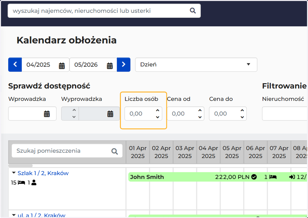 "Liczba osób" to liczba wolnych miejsc w pomieszczeniu lub w całej nieruchomości