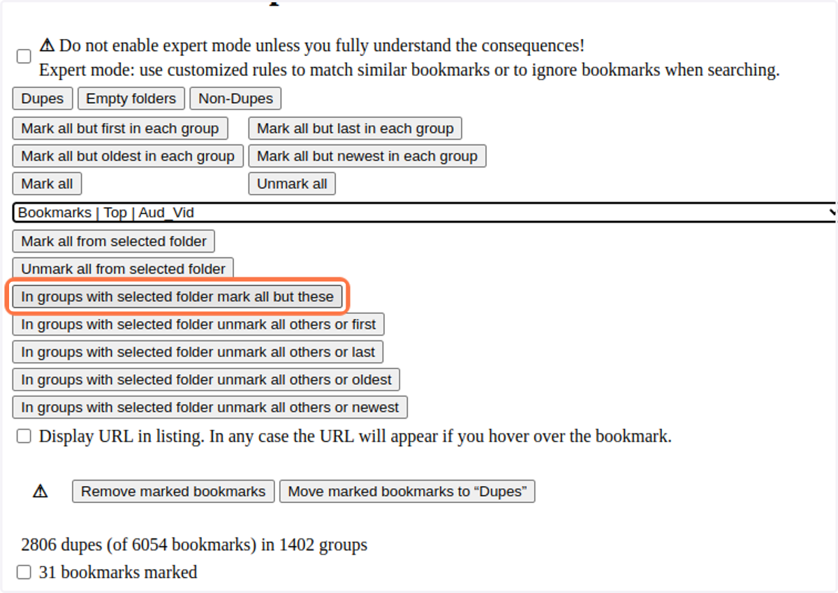 Click the Filter button, "In groups with selected folder mark all but these" (as highlighted)