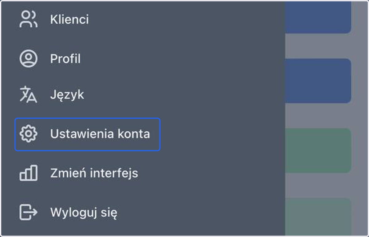 Wybierz z listy Ustawienia konta.