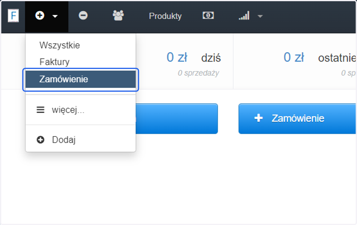 Na rozwijanej liście dokumentów znajdź i kliknij Zamówienie.
