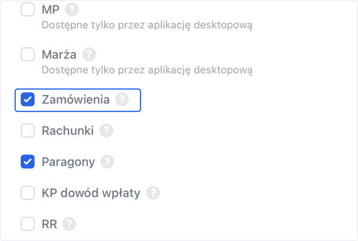 Zaznacz checkbox przy opcji Zamówienia.