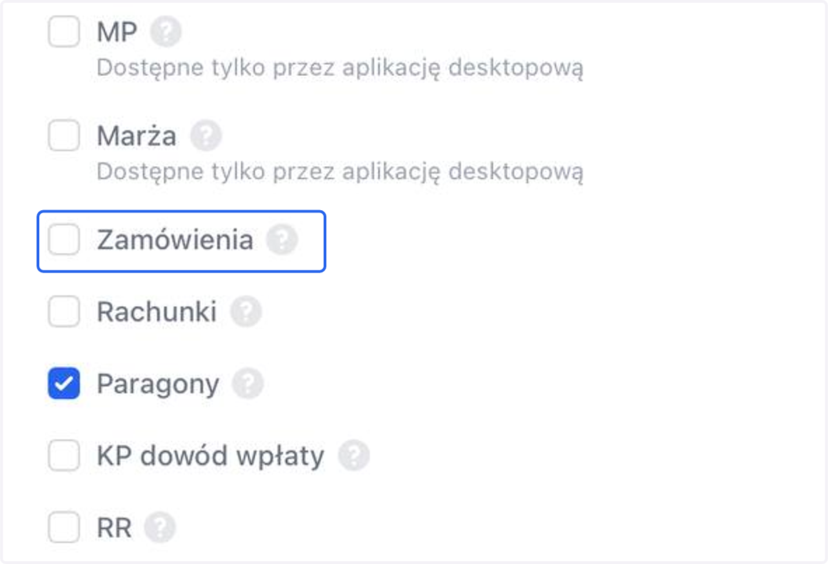W sekcji Jakie dokumenty wystawiać, znajdź Zamówienia.