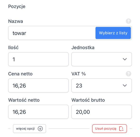 Uzupełnij dane z sekcji Pozycje.